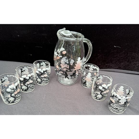 Juice Pitcher & 6 Glasses Japanese Painted with Trees Temple Volcano Rickshaw - Picture 1 of 11